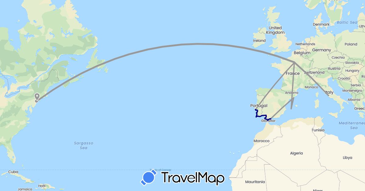 TravelMap itinerary: driving, plane in Spain, France, Italy, Portugal, United States (Europe, North America)